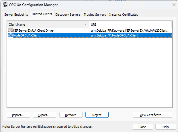 kepware node-red trusted client after